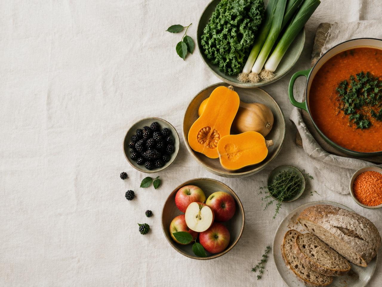 Seasonal British produce: squash, kale, leeks, apples and lentil soup